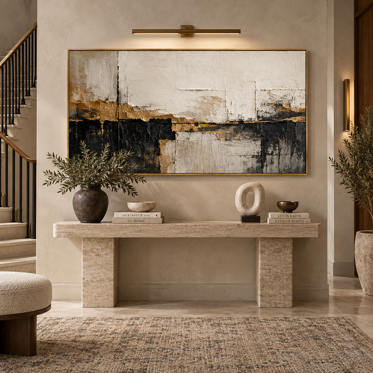 Quiet Divide-Neutral Black Abstract Painting