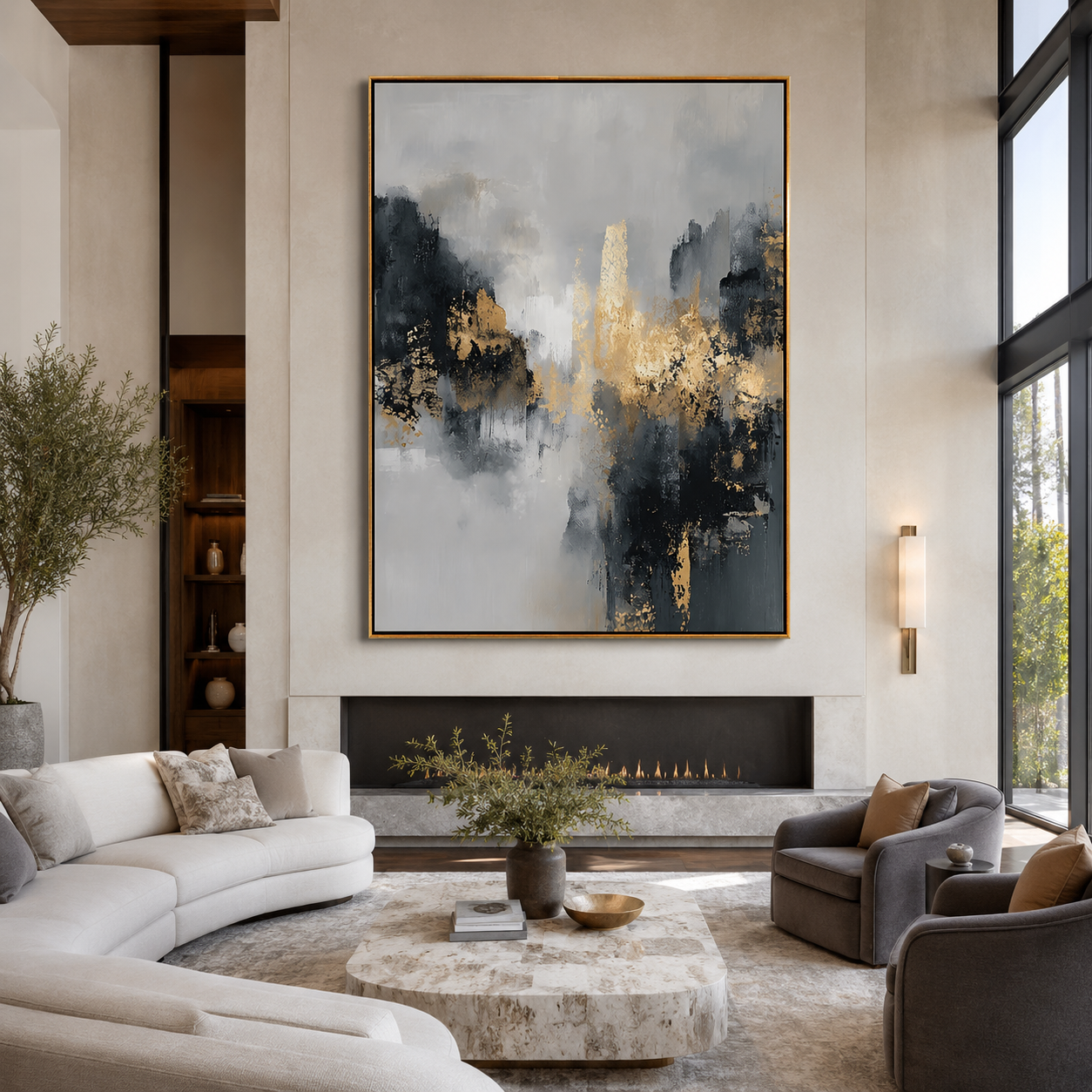 Gilded Mist-Black Gold Abstract Painting