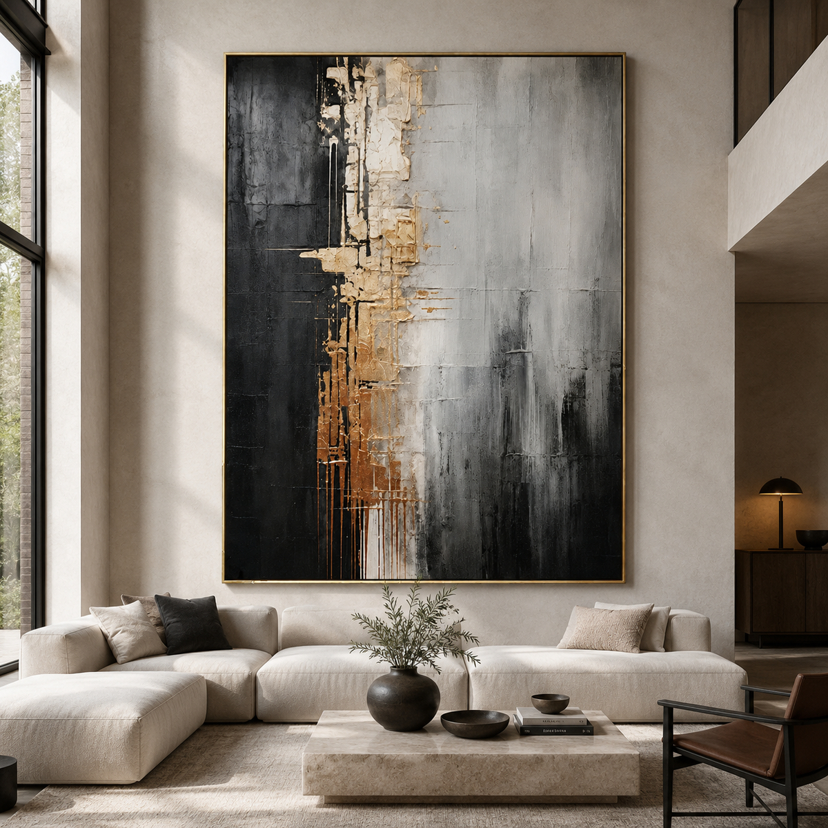 Gilded Divide-Black Gold Abstract Painting