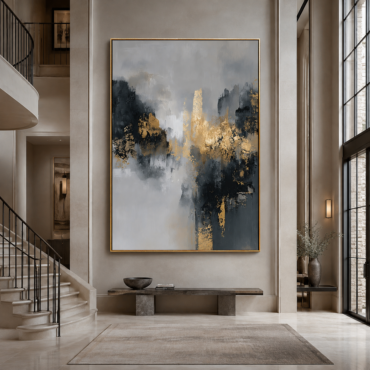 Gilded Mist-Black Gold Abstract Painting