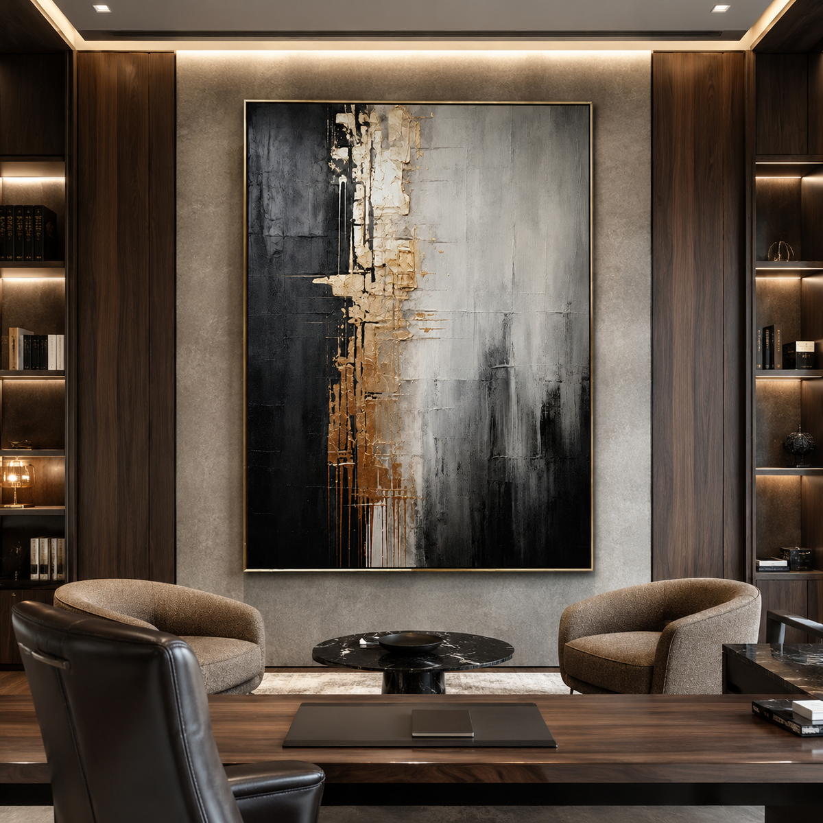 Gilded Divide-Black Gold Abstract Painting