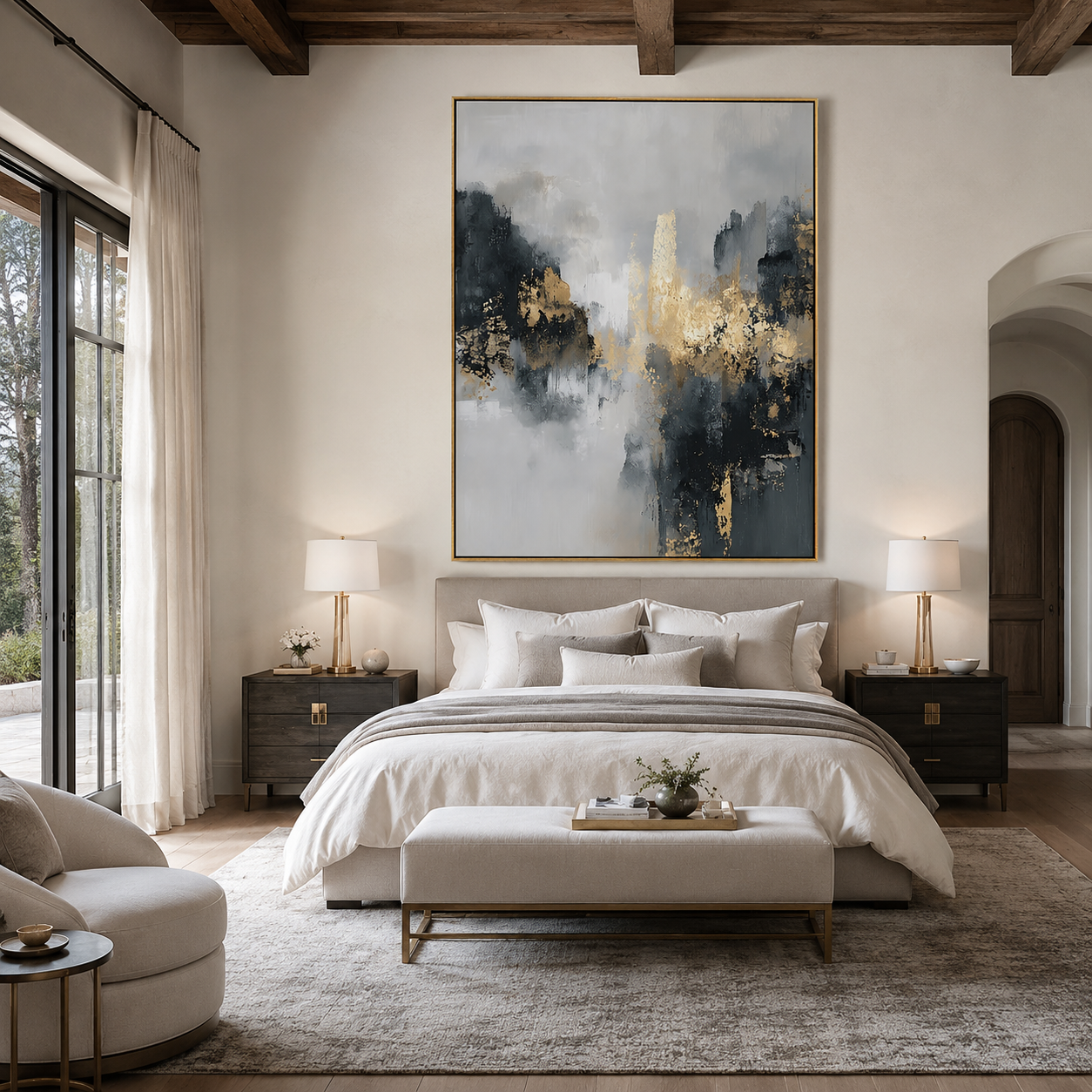 Gilded Mist-Black Gold Abstract Painting