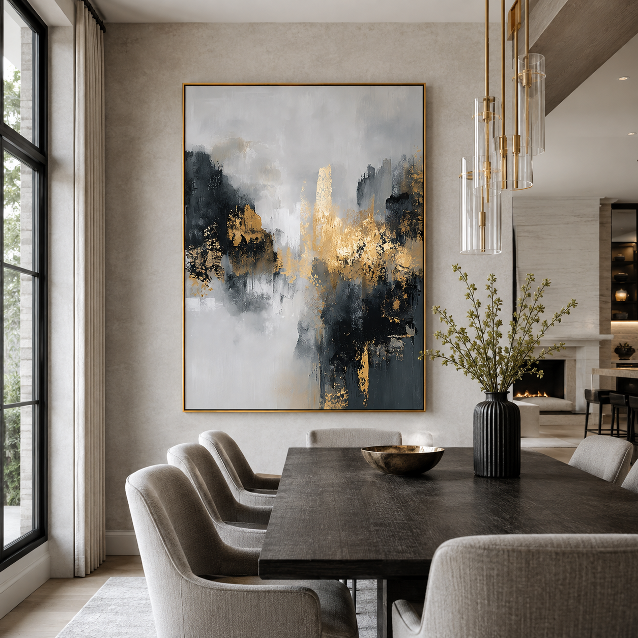 Gilded Mist-Black Gold Abstract Painting