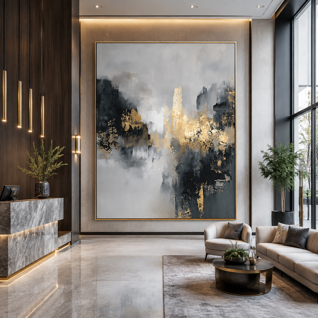 Gilded Mist-Black Gold Abstract Painting