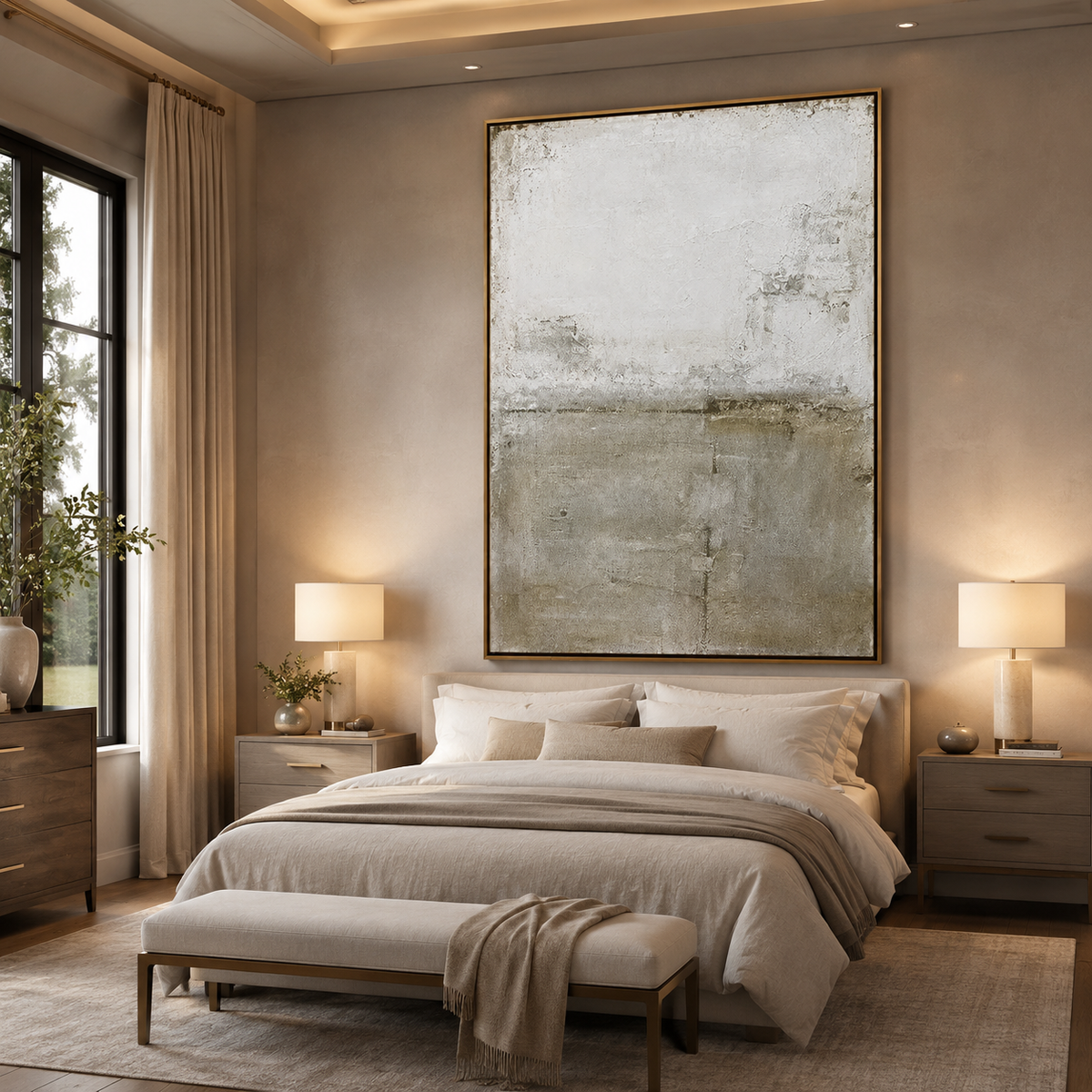 Quiet Horizon-Beige White Textured Abstract Painting