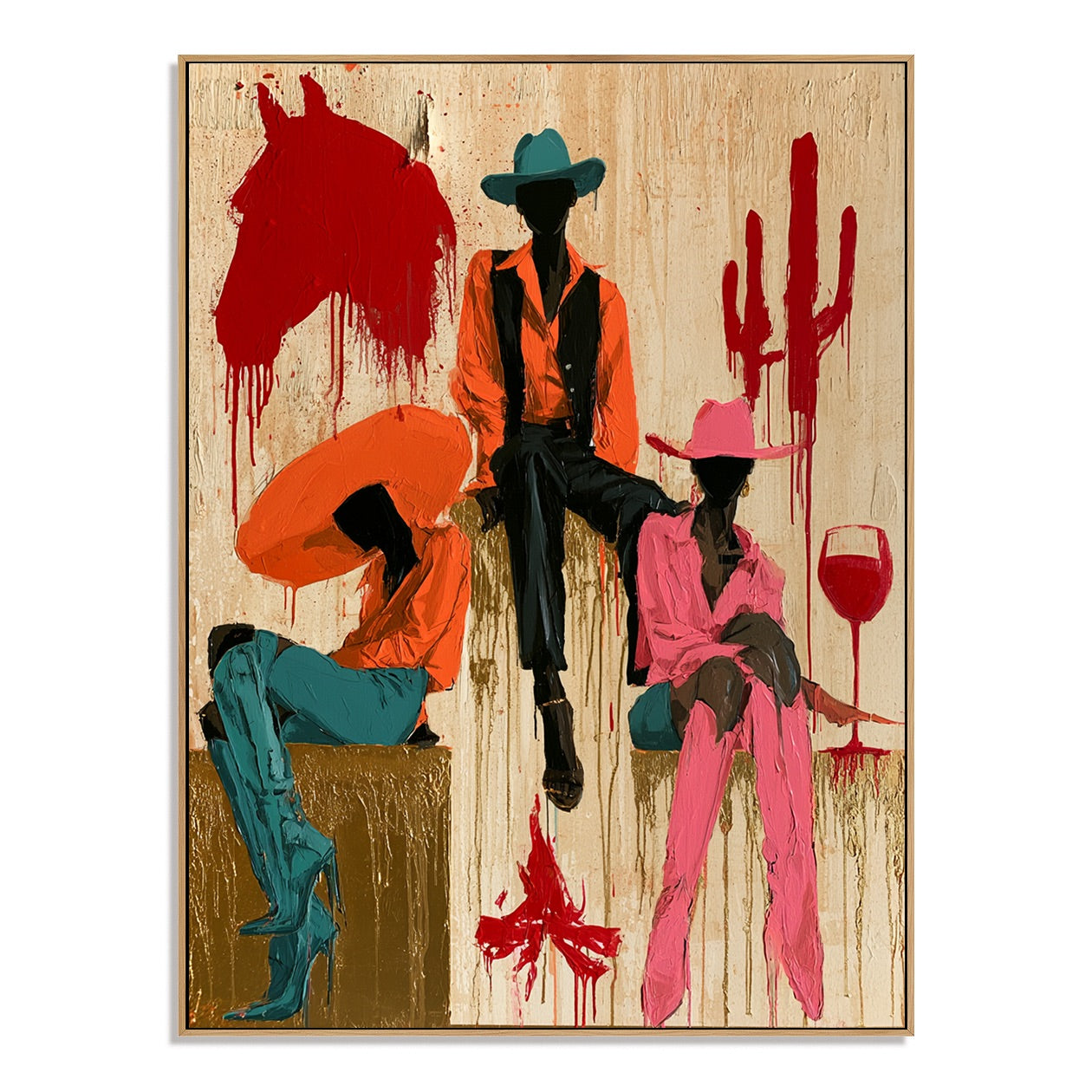 Desert Social-Colorful Cowboy Oil Painting