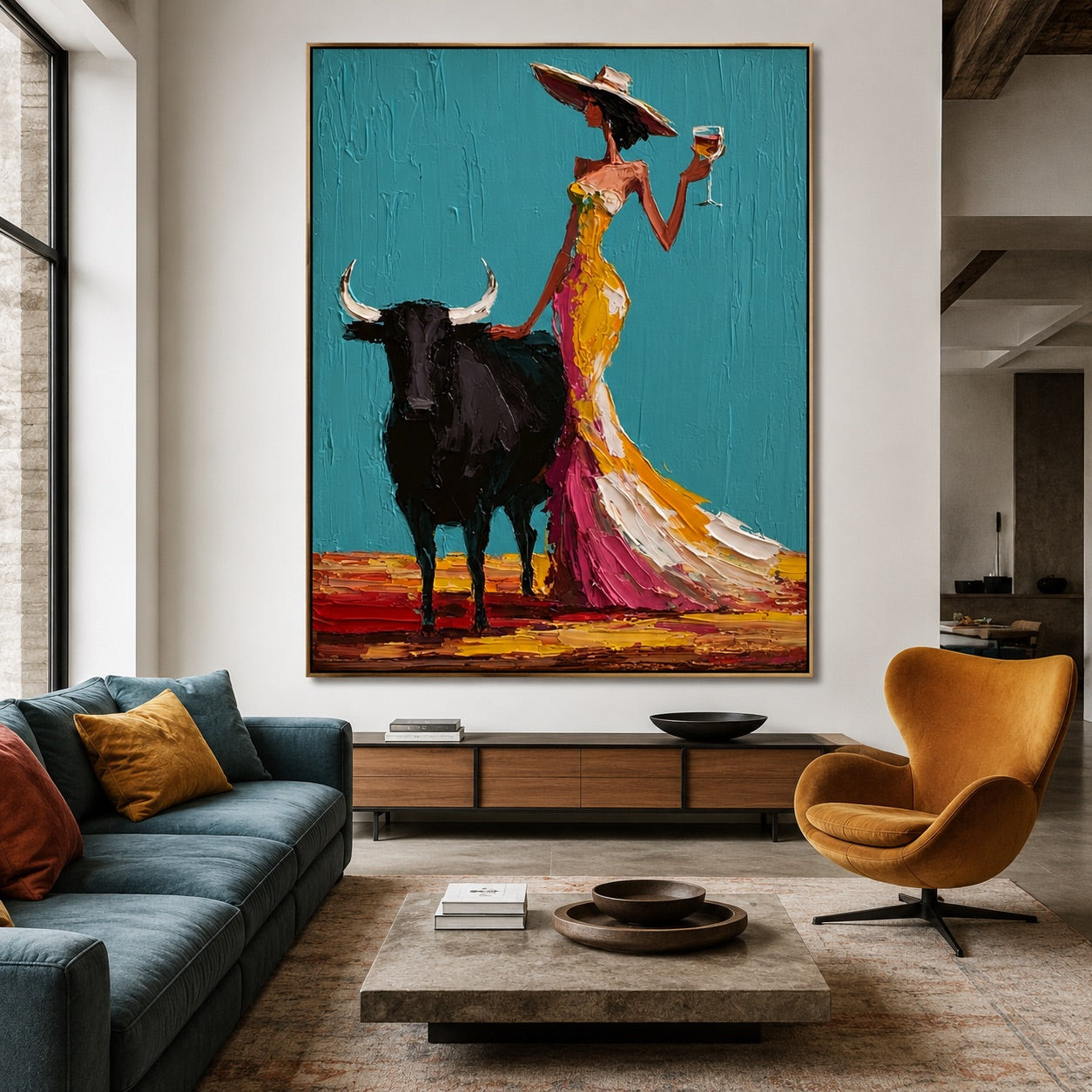 Teal Toast-Cowgirl Bull Oil Painting