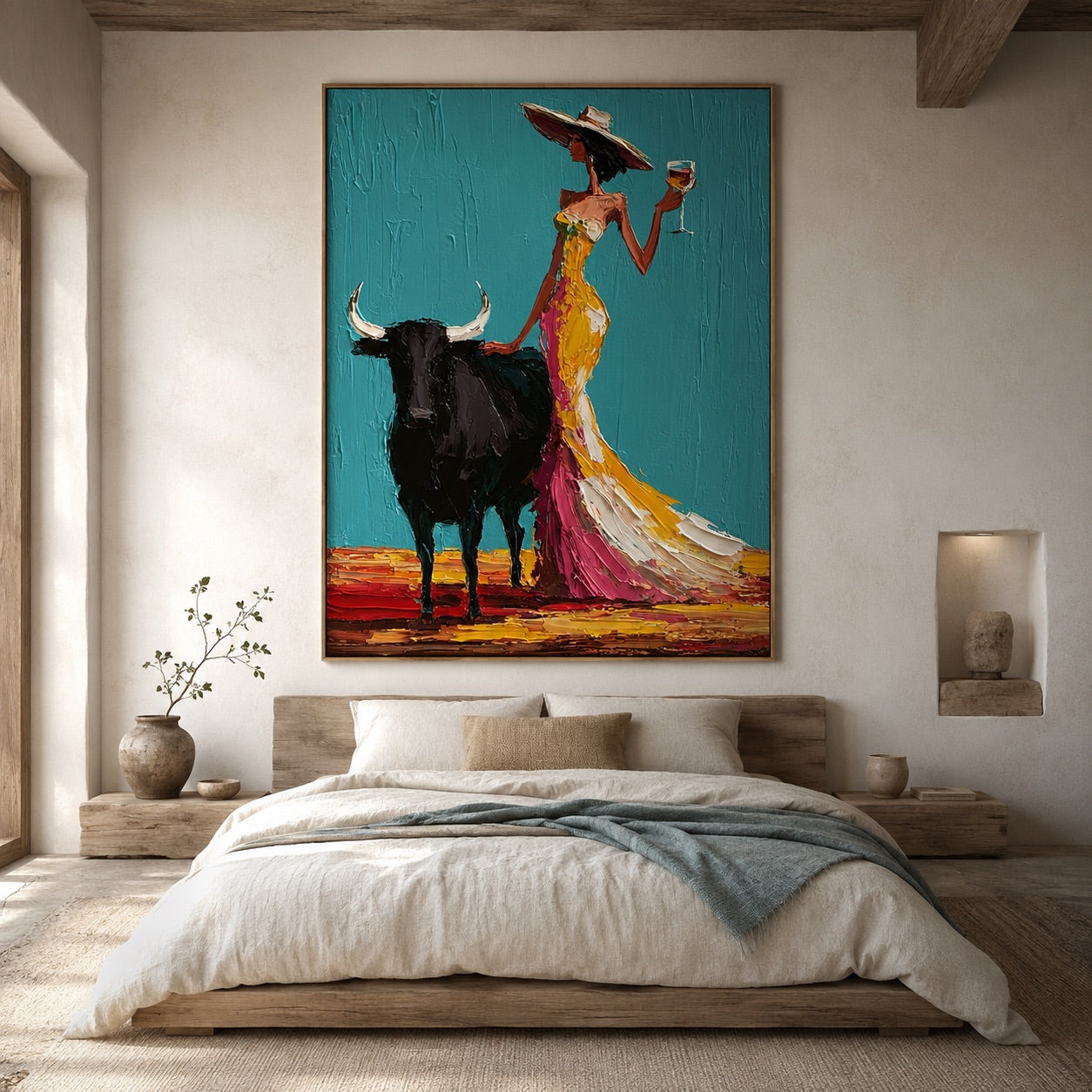 Teal Toast-Cowgirl Bull Oil Painting