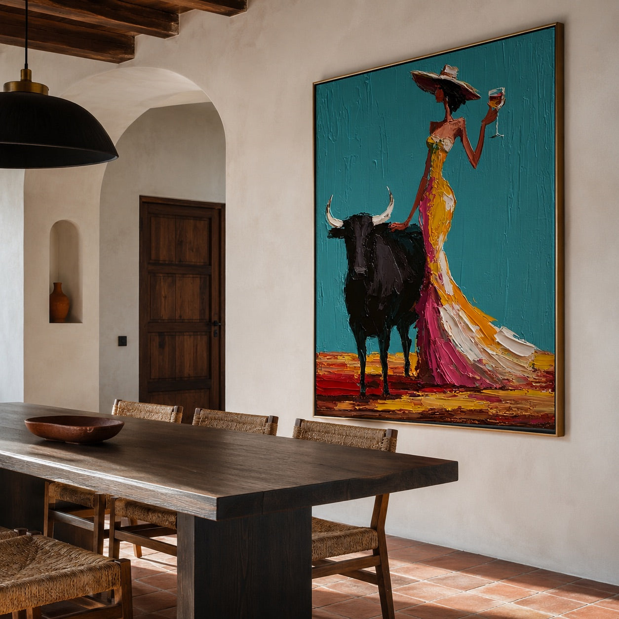 Teal Toast-Cowgirl Bull Oil Painting