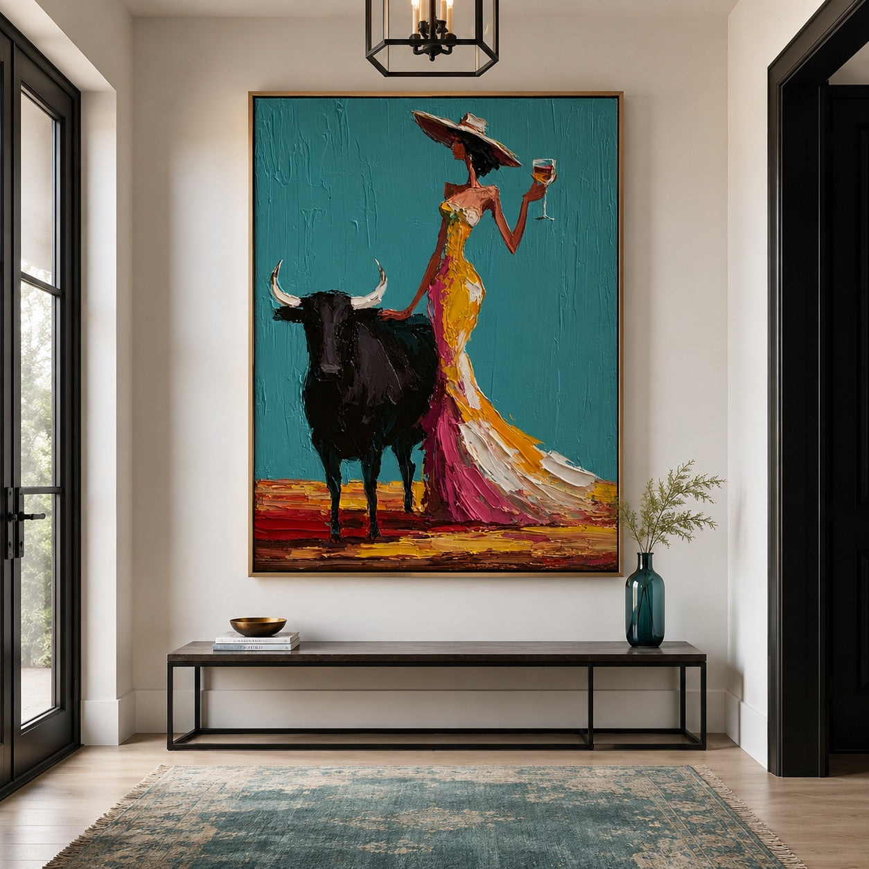 Teal Toast-Cowgirl Bull Oil Painting