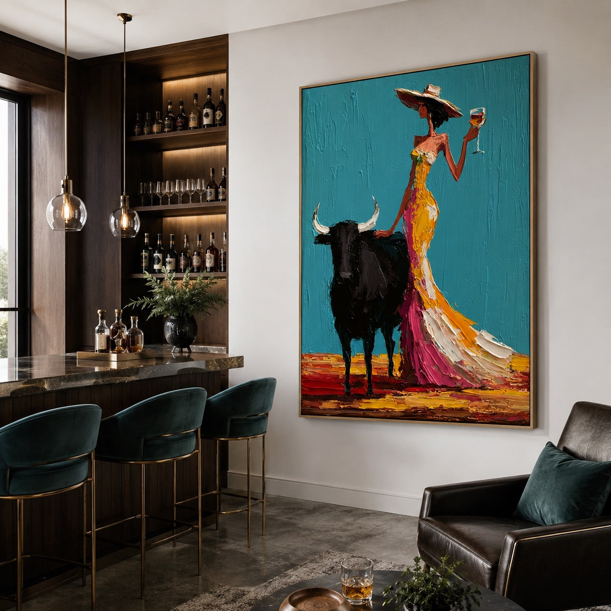 Teal Toast-Cowgirl Bull Oil Painting
