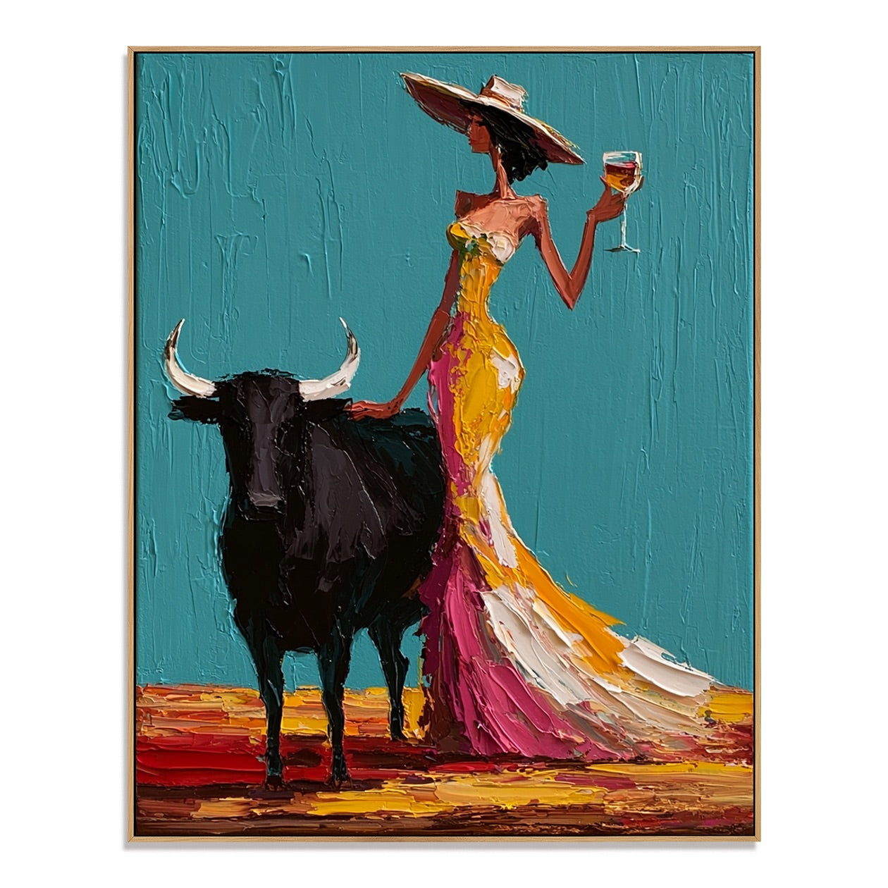 Teal Toast-Cowgirl Bull Oil Painting
