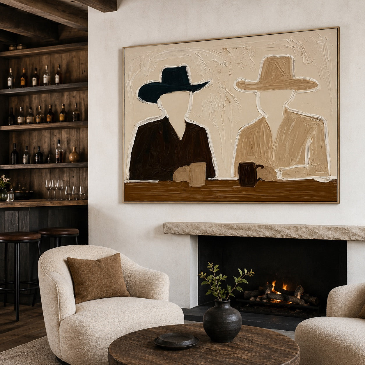 Quiet Saloon-Minimalist Cowboy Oil Painting)