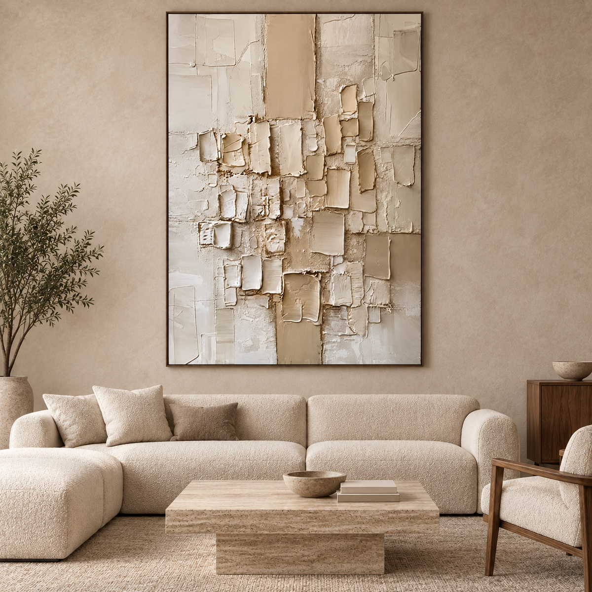 Quiet Blocks-Ivory Geometric Texture Painting