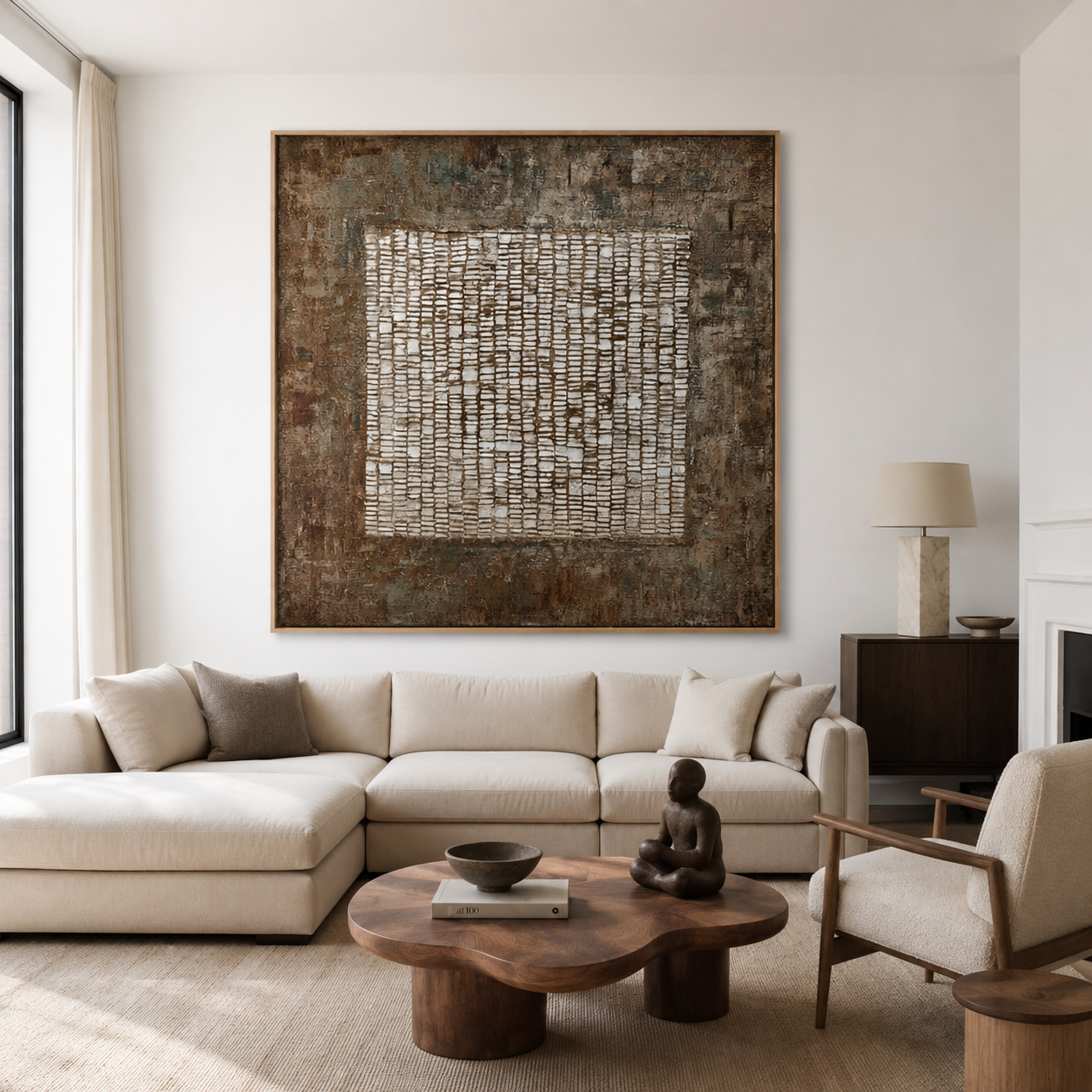 Weathered Grid-Textured Abstract Oil Painting