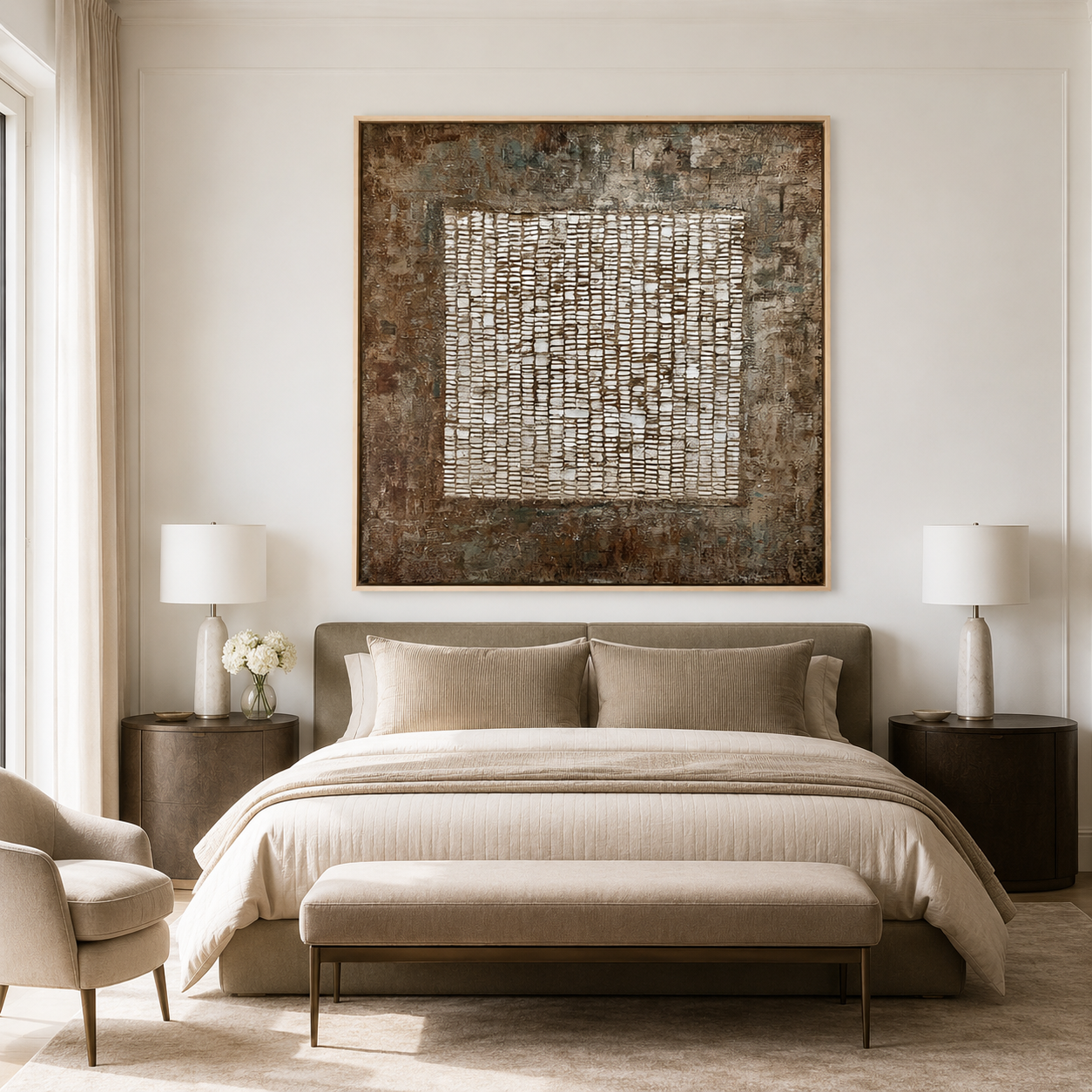 Weathered Grid-Textured Abstract Oil Painting