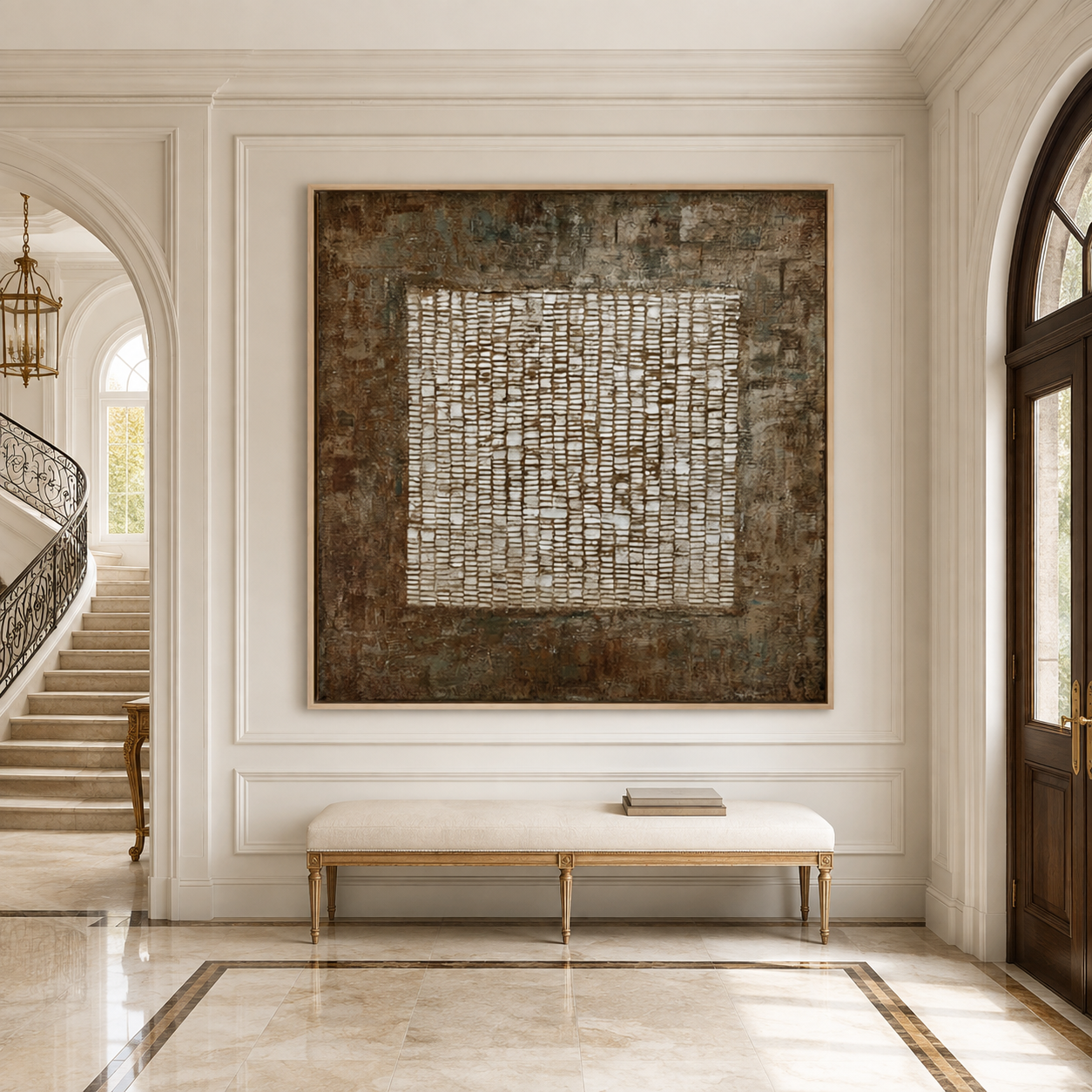 Weathered Grid-Textured Abstract Oil Painting