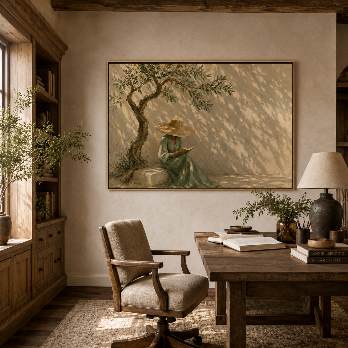 Olive Shade-Reading Woman Painting