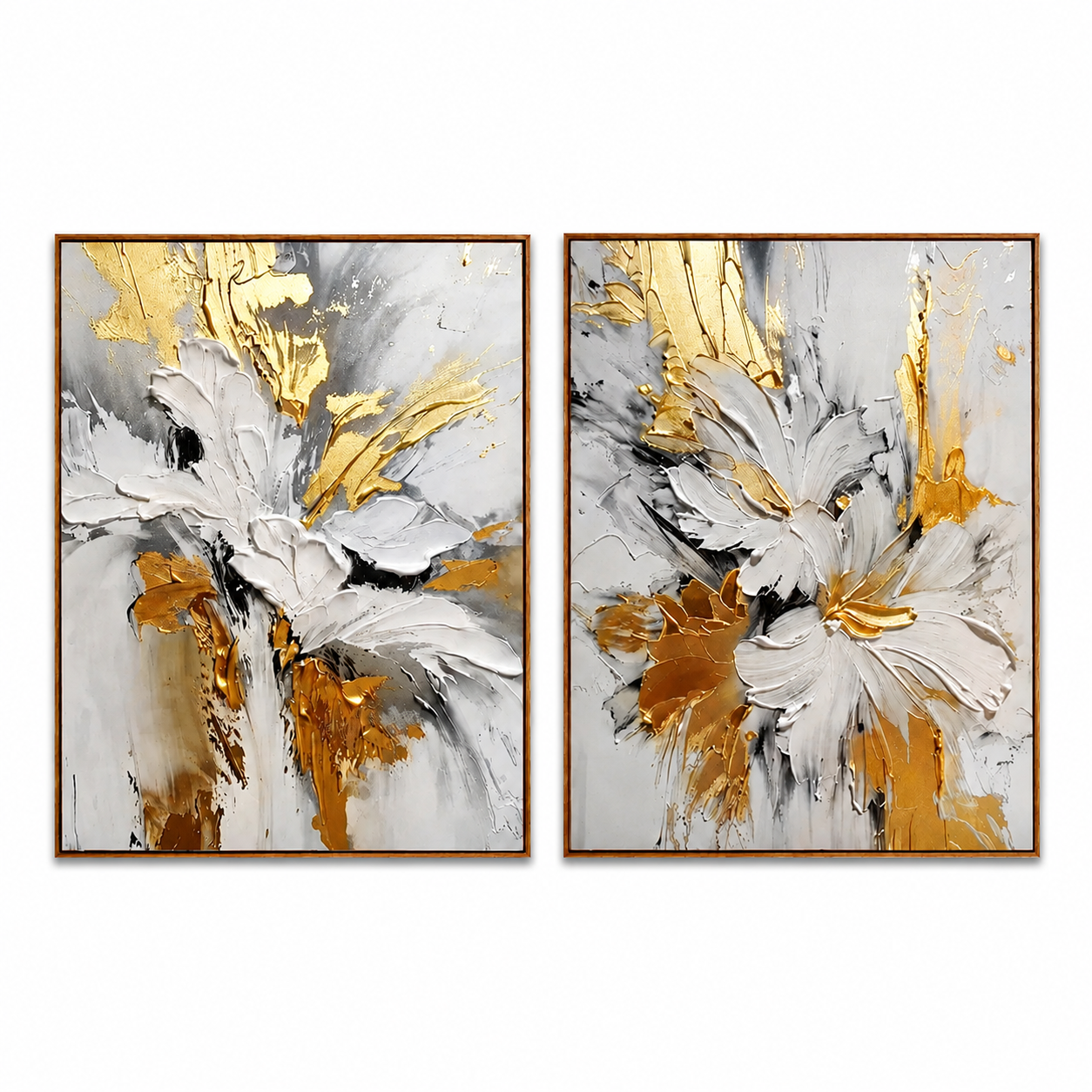 Ivory Bloom-Gold Abstract Floral Diptych