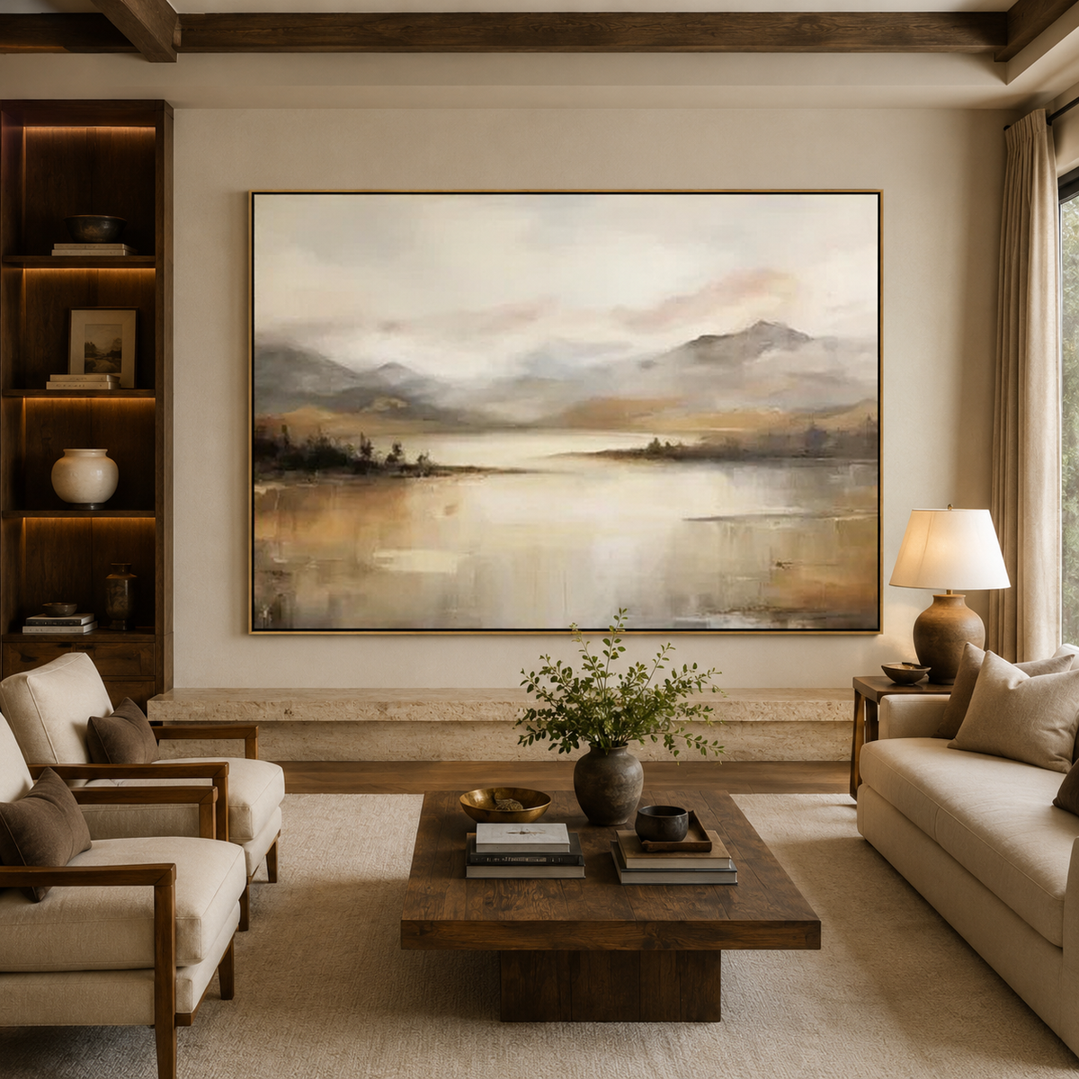 Golden Stillness-Misty Mountain Lake Painting