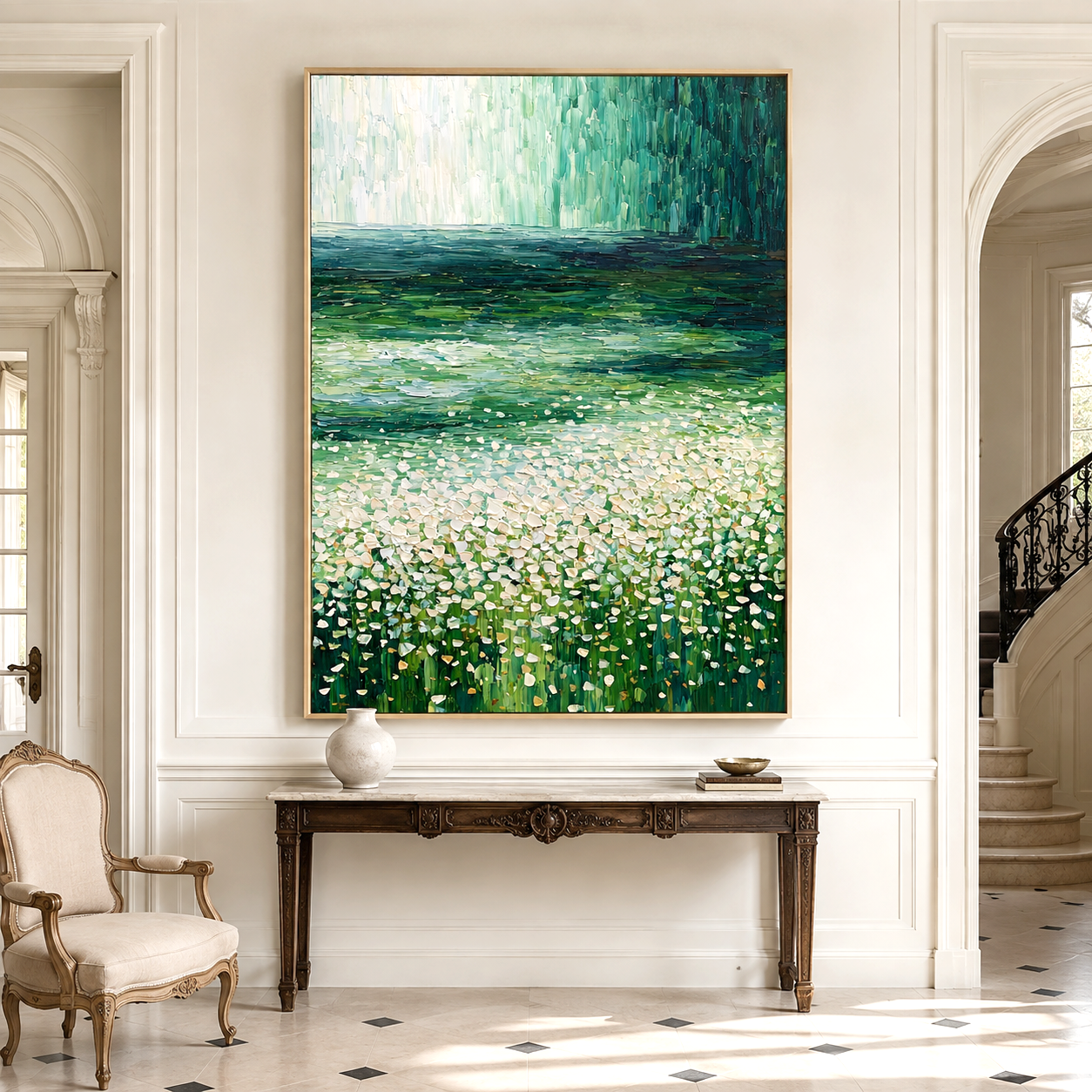 Verdant Drift-Green Meadow Lake Painting