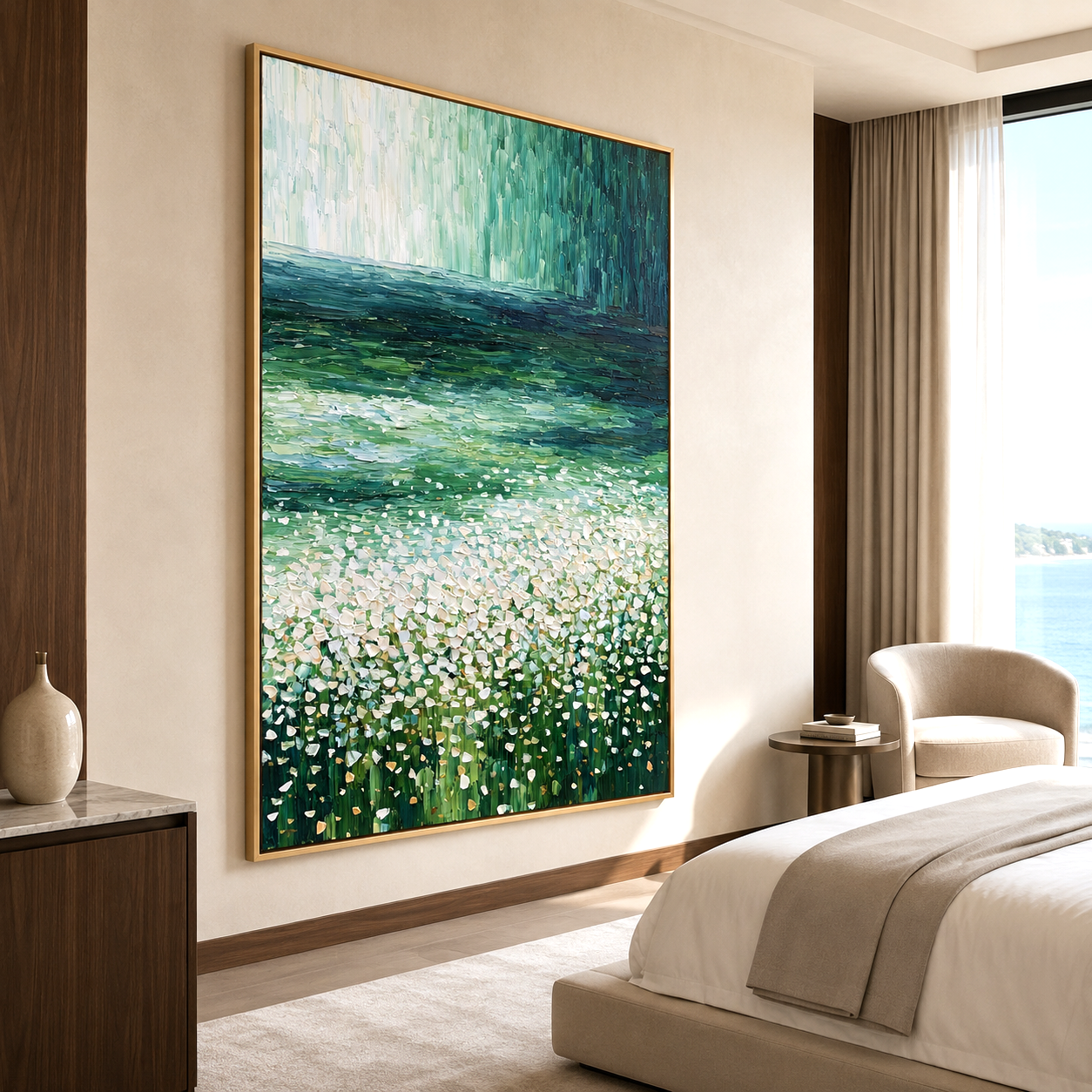 Verdant Drift-Green Meadow Lake Painting