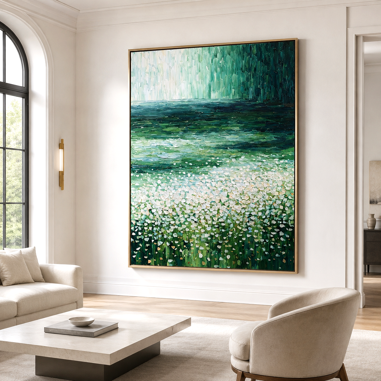 Verdant Drift-Green Meadow Lake Painting