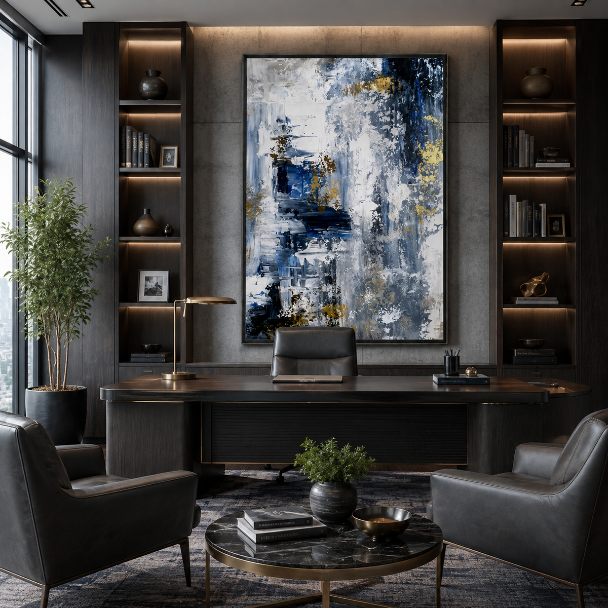 Gilded Drift-Blue Gold Abstract Painting
