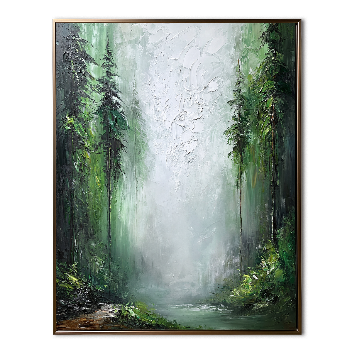 Misty Forest Sanctuary-Deep Green Woodland Landscape Oil Painting