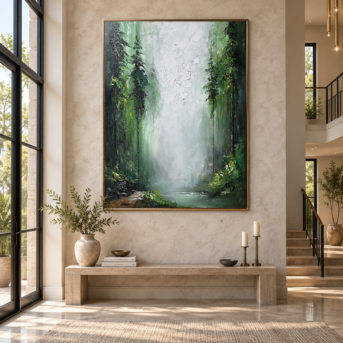 Misty Forest Sanctuary-Deep Green Woodland Landscape Oil Painting