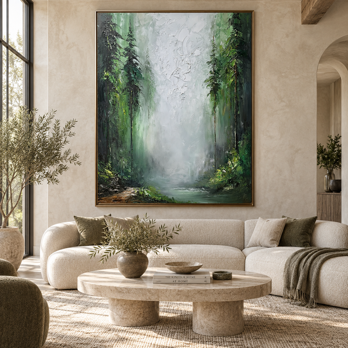 Misty Forest Sanctuary-Deep Green Woodland Landscape Oil Painting