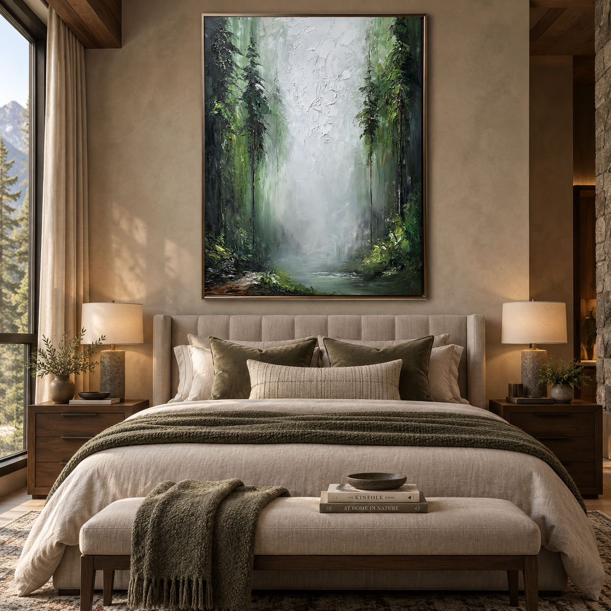 Misty Forest Sanctuary-Deep Green Woodland Landscape Oil Painting