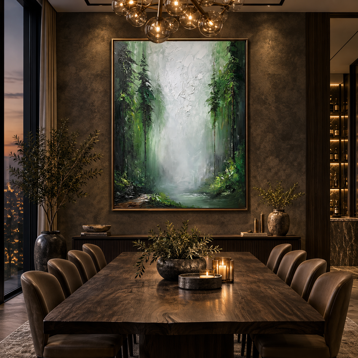 Misty Forest Sanctuary-Deep Green Woodland Landscape Oil Painting