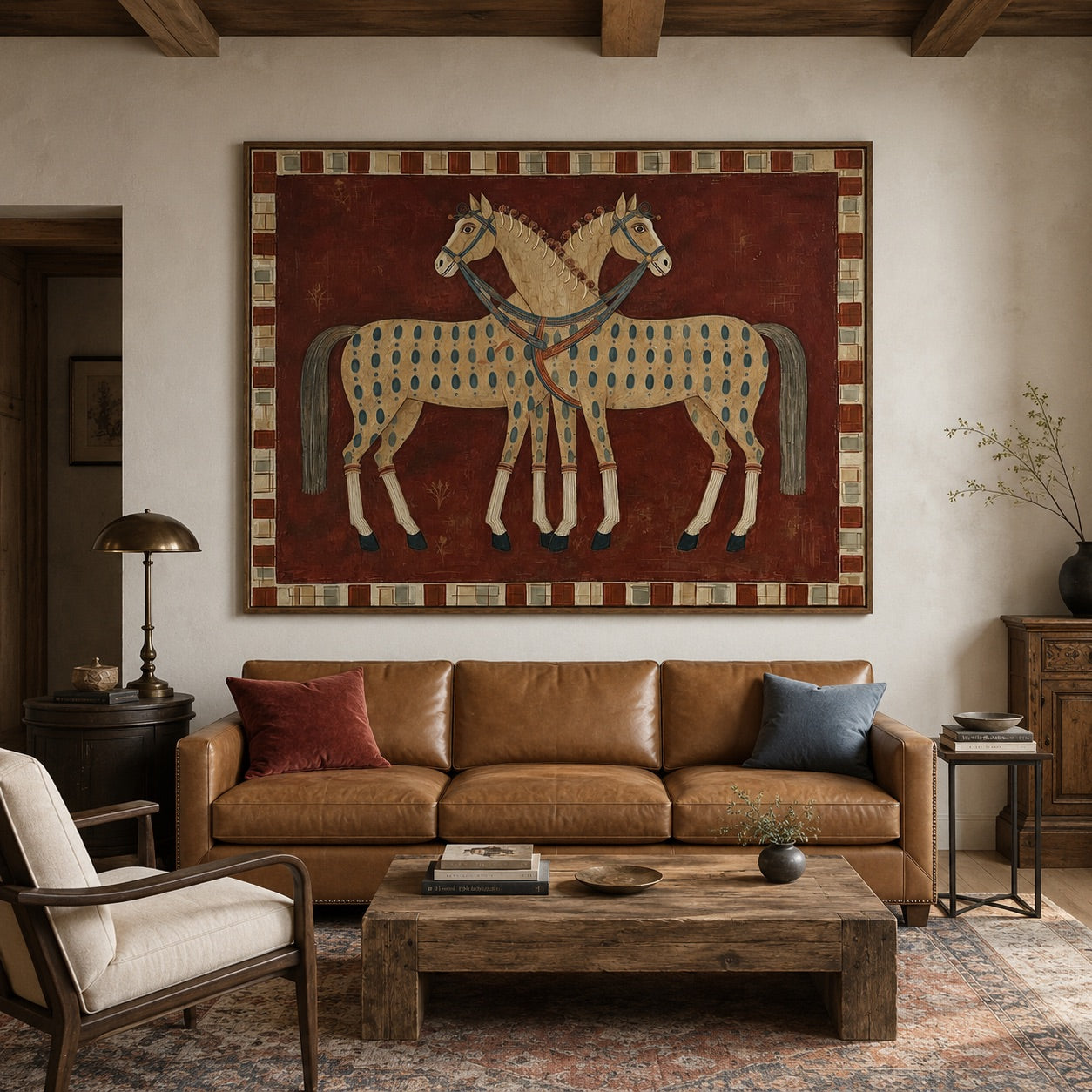 Crimson Pair-Folk Horse Oil Painting