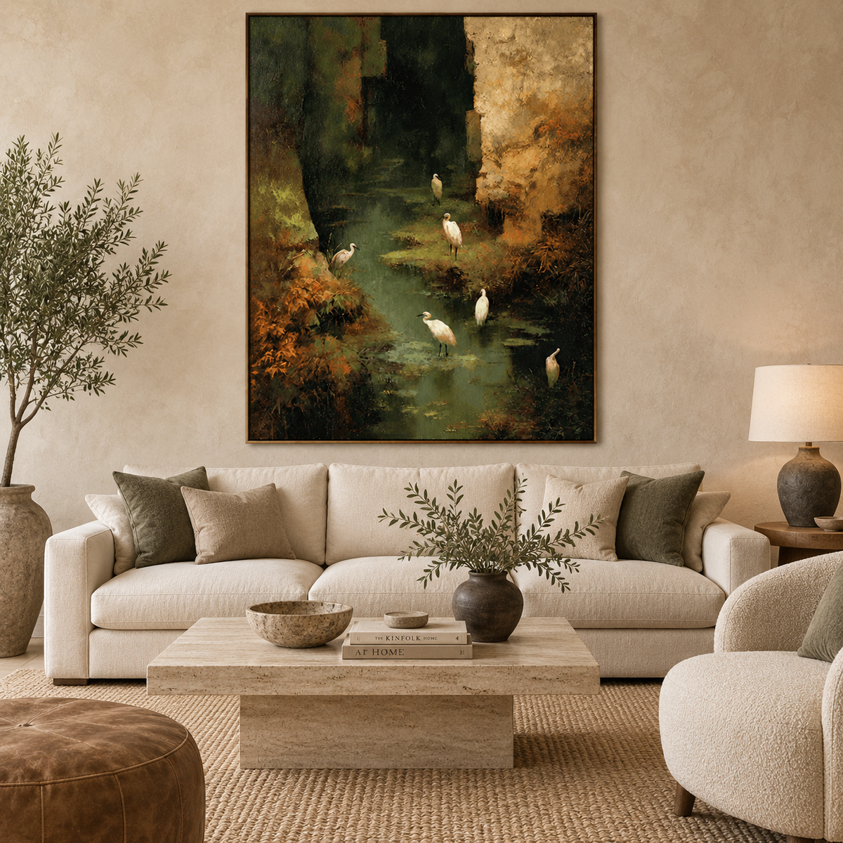 Enchanted Wetland Sanctuary-White Bird Forest Landscape Oil Painting