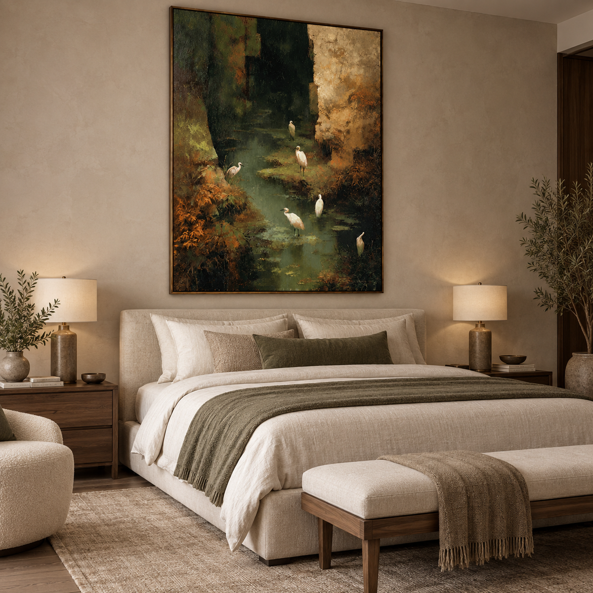 Enchanted Wetland Sanctuary-White Bird Forest Landscape Oil Painting