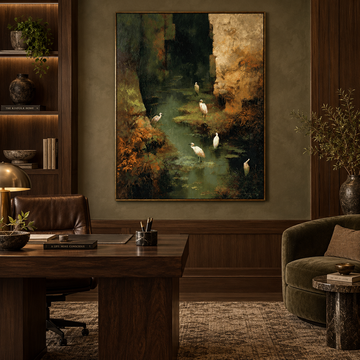 Enchanted Wetland Sanctuary-White Bird Forest Landscape Oil Painting