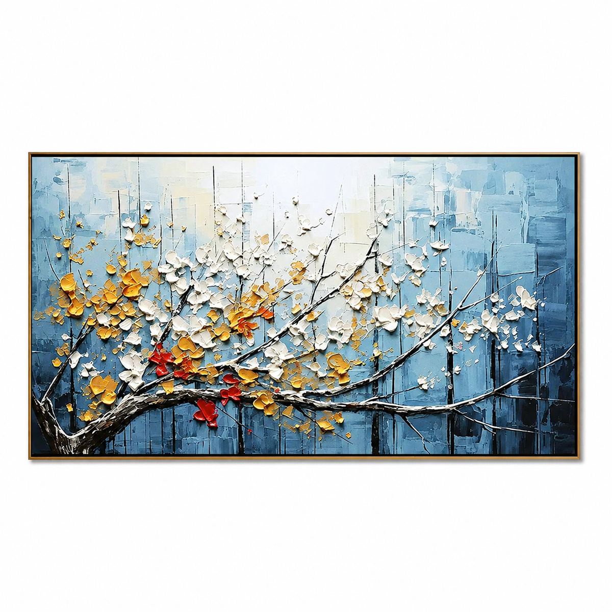 Azure Bloom-Gold White Blossom Branch Painting