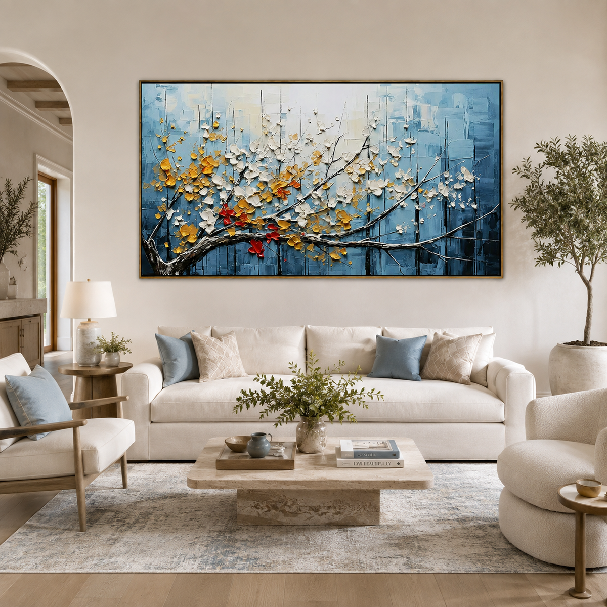 Azure Bloom-Gold White Blossom Branch Painting