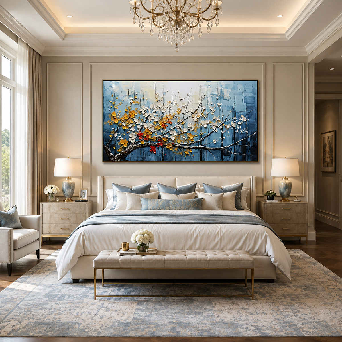 Azure Bloom-Gold White Blossom Branch Painting