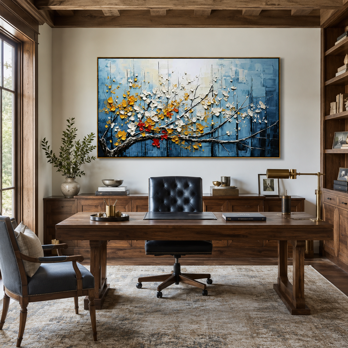 Azure Bloom-Gold White Blossom Branch Painting
