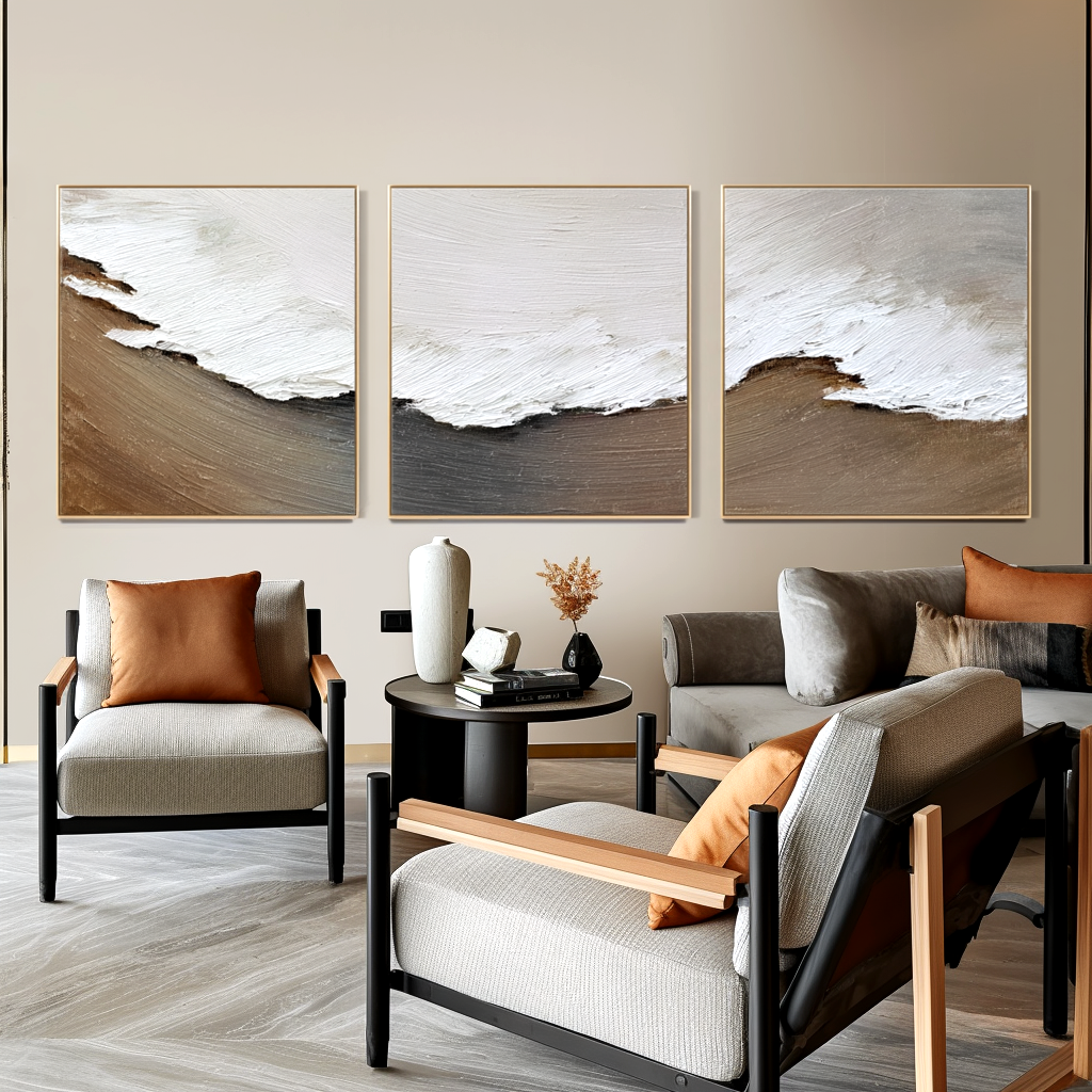 Silent Ridge-Neutral Abstract Triptych Painting