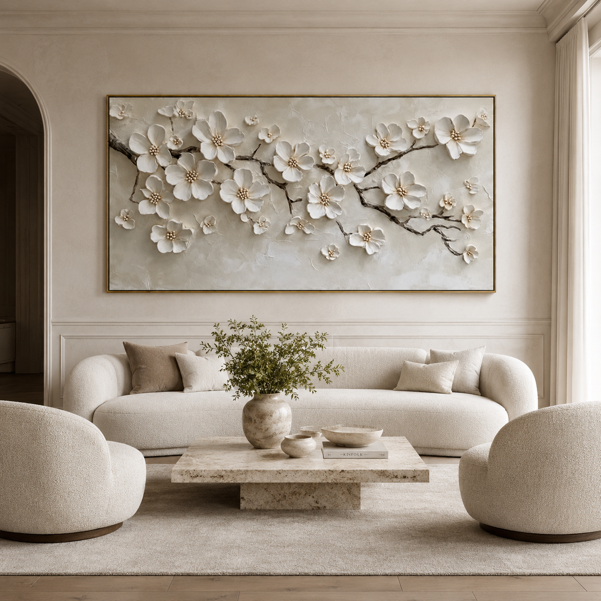 Ivory Blossom-White Floral Branch Painting