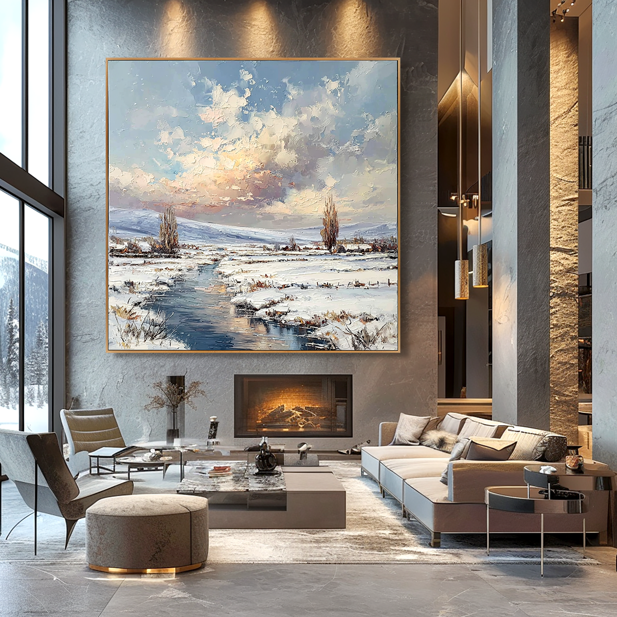 Winter River Landscape-Snowy Countryside Scene Texture Oil Painting