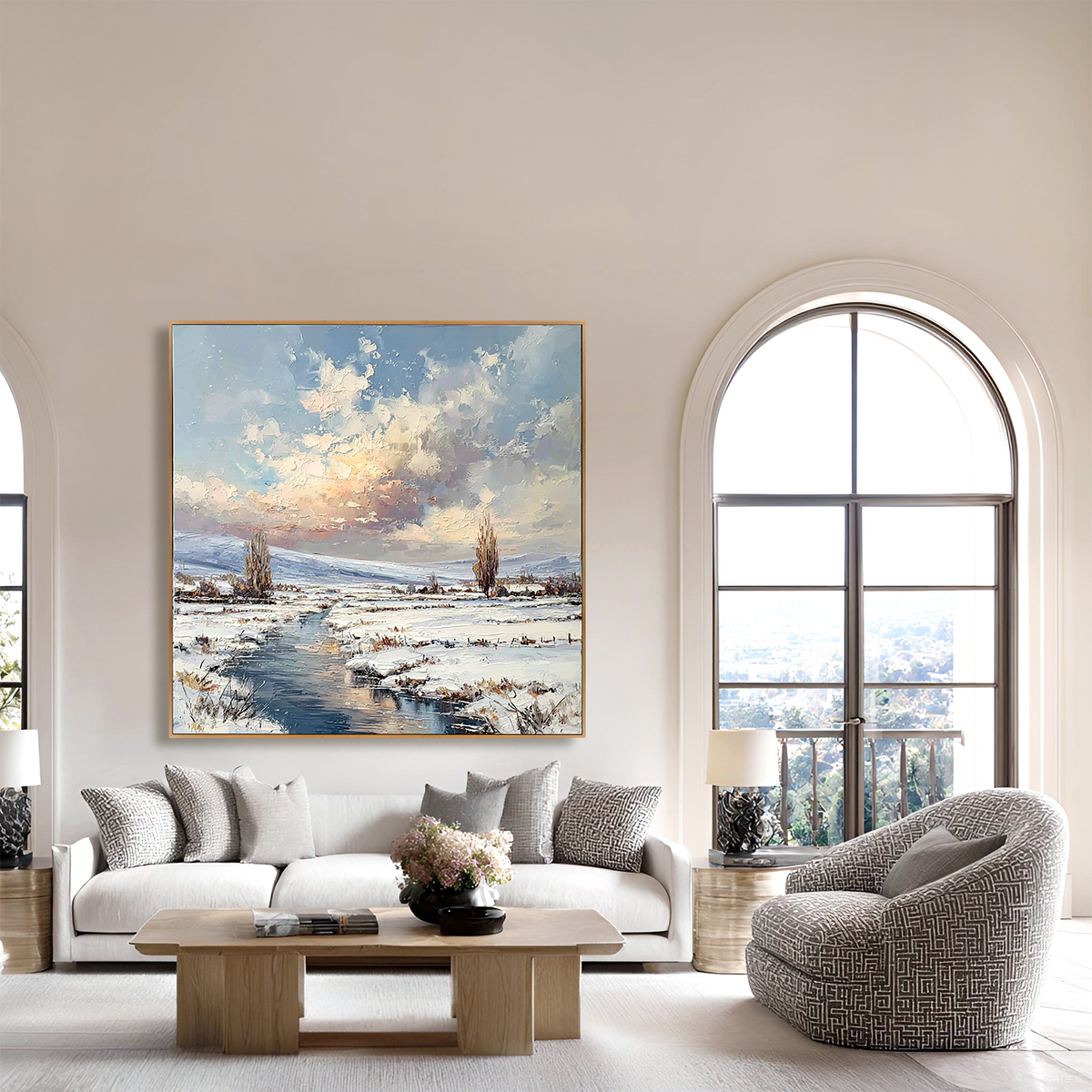 Winter River Landscape-Snowy Countryside Scene Texture Oil Painting