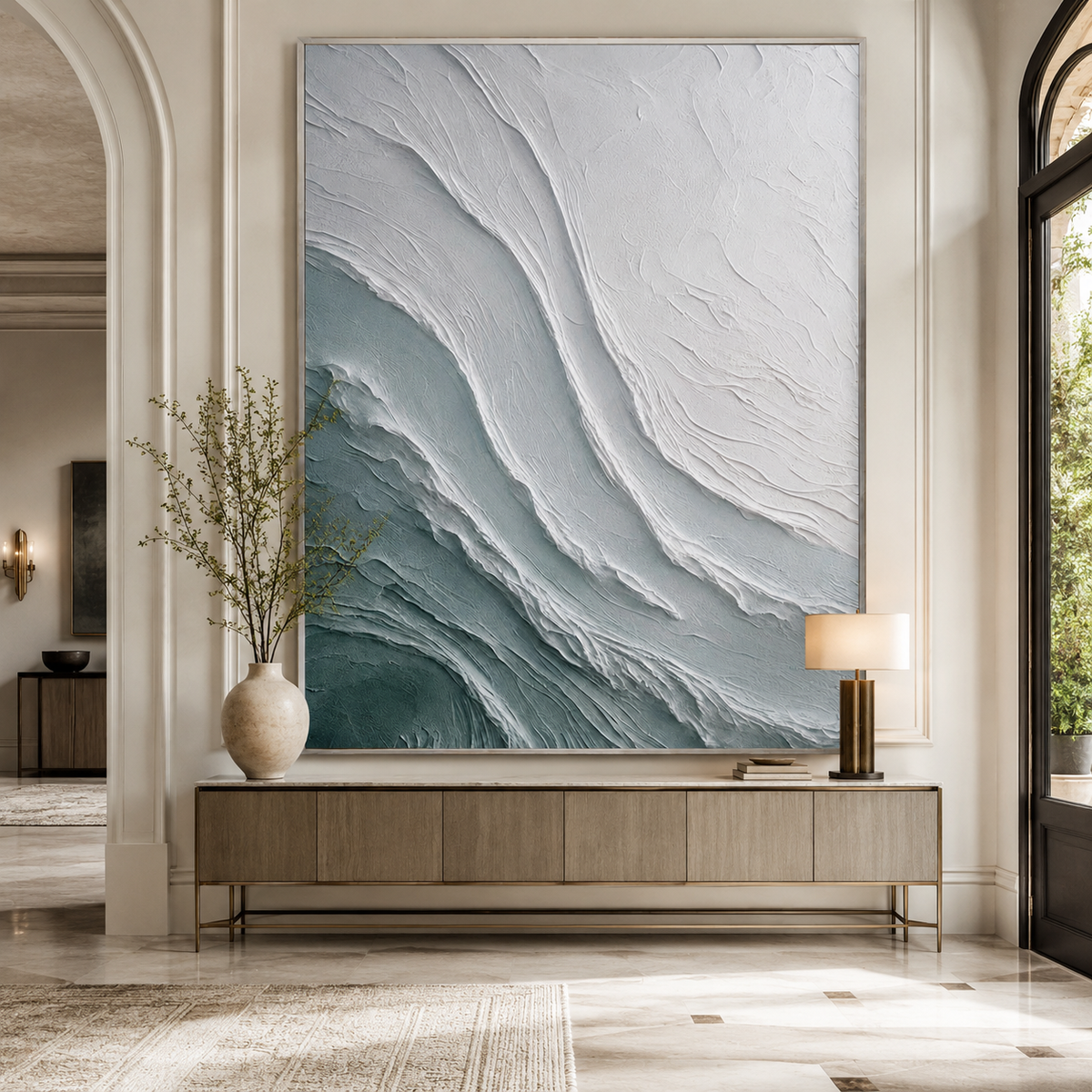 Tidal Veil-Teal White Textured Abstract Painting