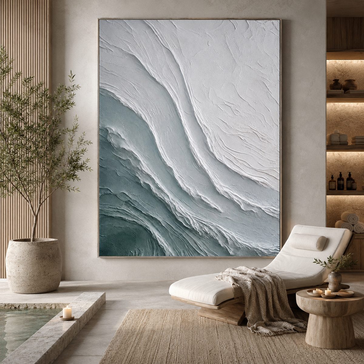Tidal Veil-Teal White Textured Abstract Painting