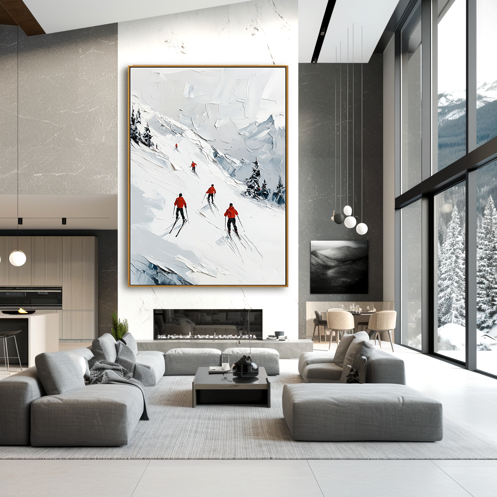 Alpine Ski Mountain-Snowy Slope Adventure Texture Oil Painting
