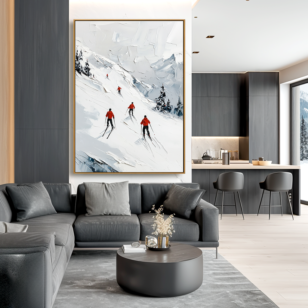Alpine Ski Mountain-Snowy Slope Adventure Texture Oil Painting