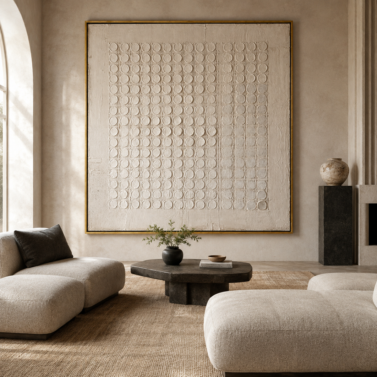 Ivory Grid-Circular Textured Abstract Painting